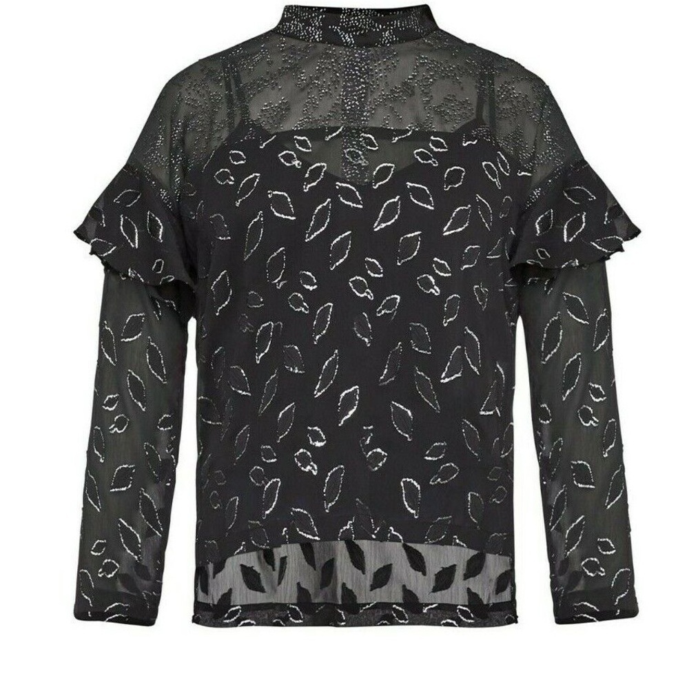 BCBGMaxazria Metallic Leaf High Low Long Sleeved Dot Chiffon Black Blouse XS